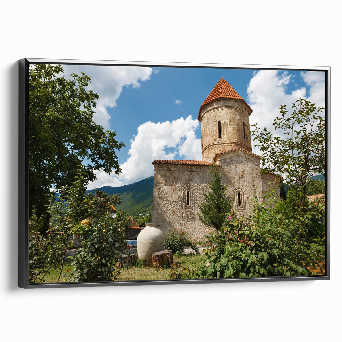 Black and white framed canvas of an Azerbaijani landscape, featuring vintage poster art style, ideal for bedroom wall decor.