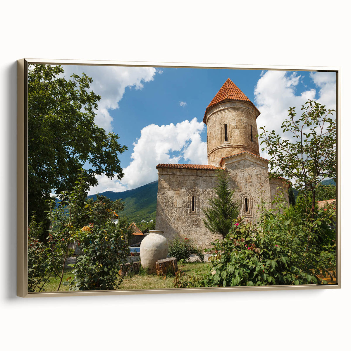 Framed canvas depicting a vintage-style landscape of Azerbaijan, with muted earth tones, ideal for bedroom wall art.