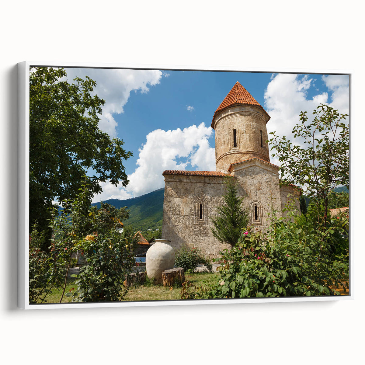 Vintage poster art of an Asian landscape on framed canvas, featuring vibrant colors, ideal for living room decor.