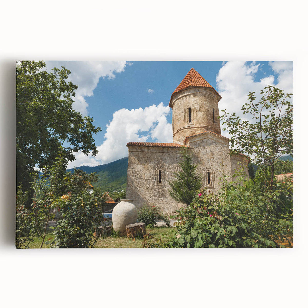 Black and white stretched canvas of Asian scenery, ideal for kitchen art with a tranquil theme.