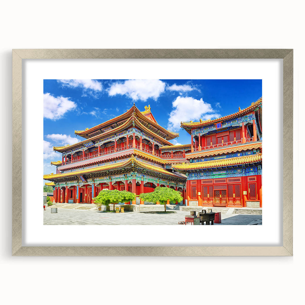 Textured art depicting an abstract Beijing cityscape in muted gray tones on a framed silver mat, suitable for bedroom art.