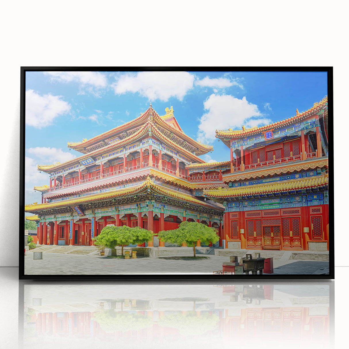 Large abstract wall art depicting the Beijing skyline in muted gray and blue tones on a framed acrylic.