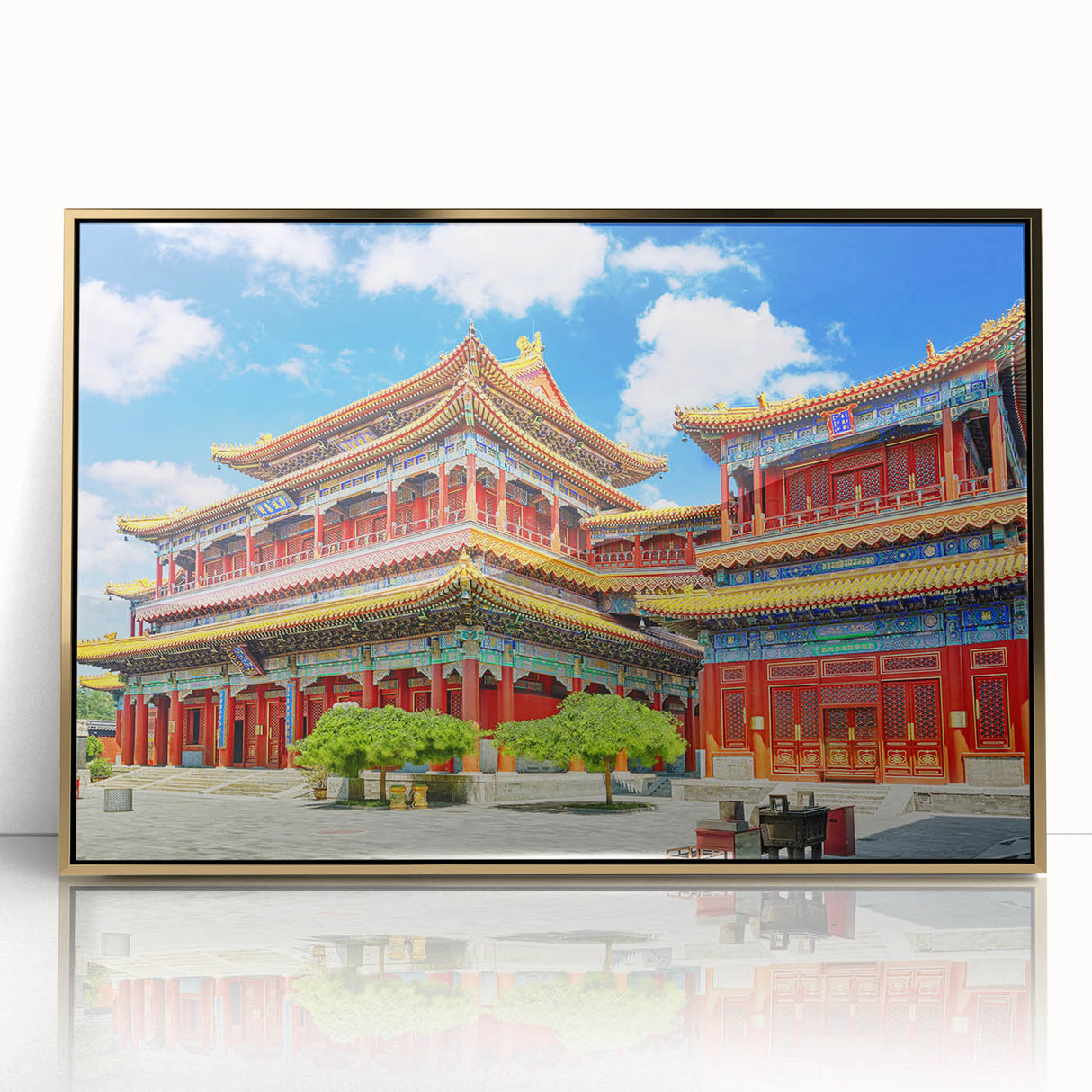 Large art print of Beijing scenery in muted gold and gray tones on framed acrylic, ideal for modern nursery wall decor.