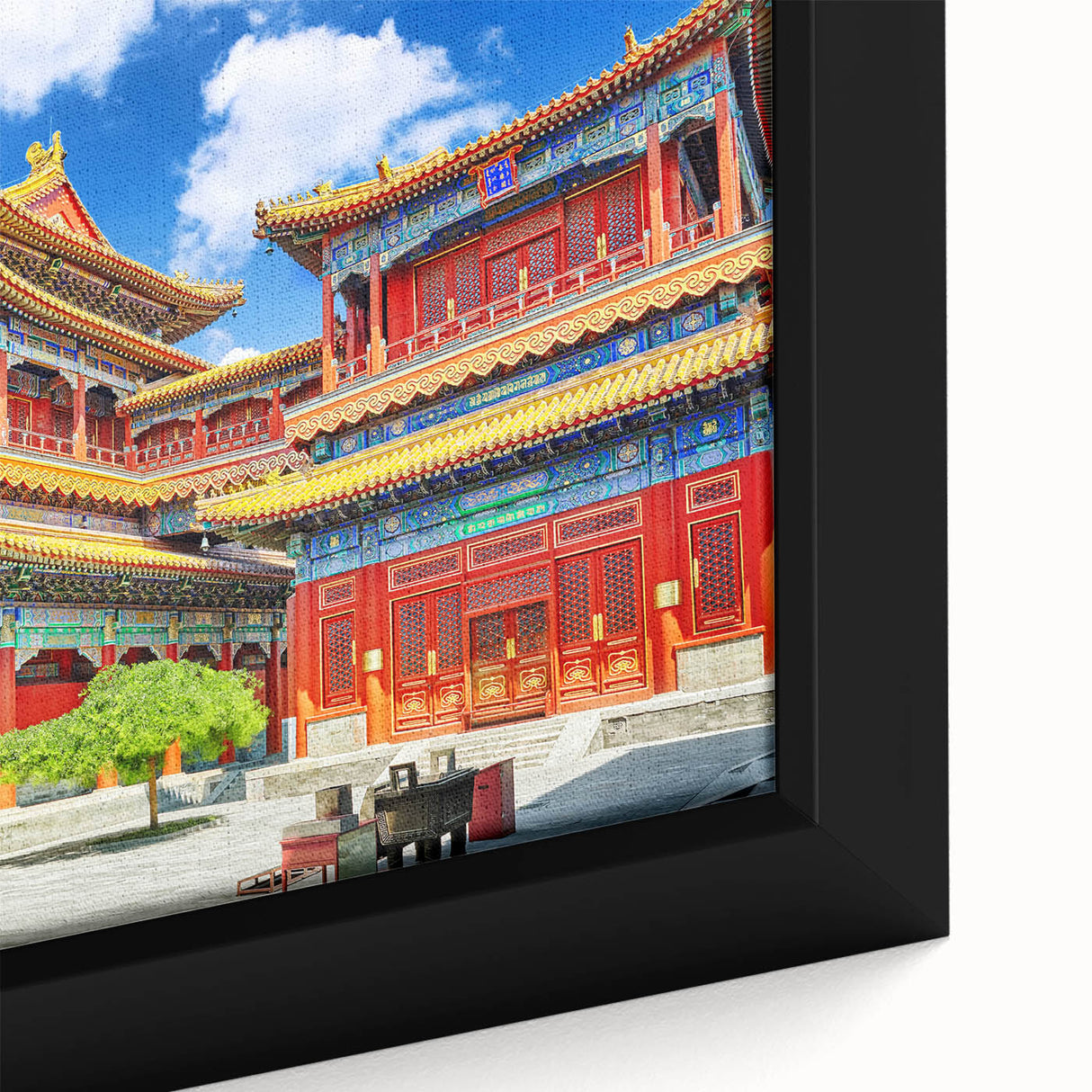 Extra large framed canvas depicting a textured, colorful Beijing cityscape in black with vibrant accents.