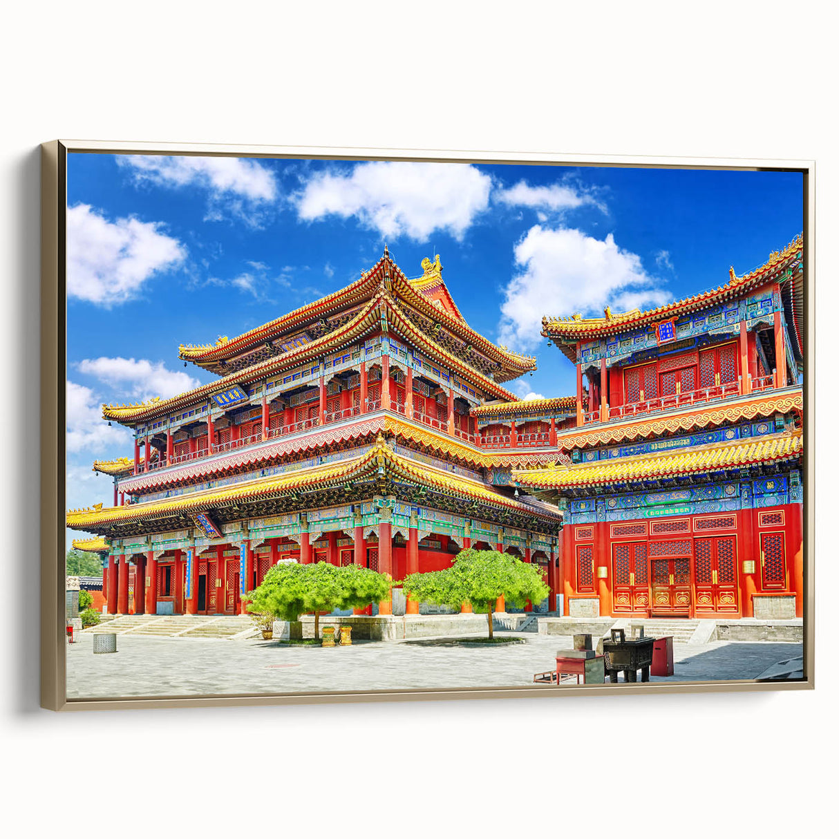 Framed canvas featuring a vintage-style landscape painting of Beijing with muted gold and black tones.