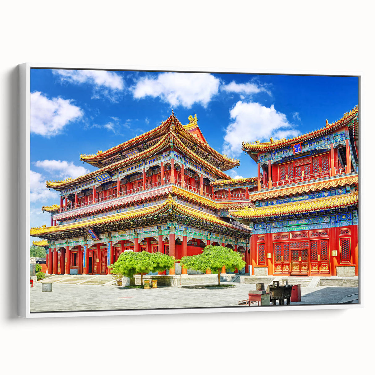 Vintage poster art of Beijing scenery on extra large framed canvas, featuring colorful art against a black background.