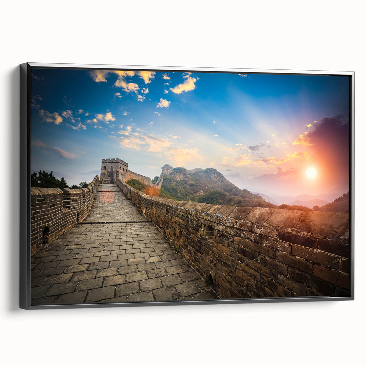 Black and white framed canvas of the Great Wall of China in a vintage poster style, ideal for bedroom wall art.