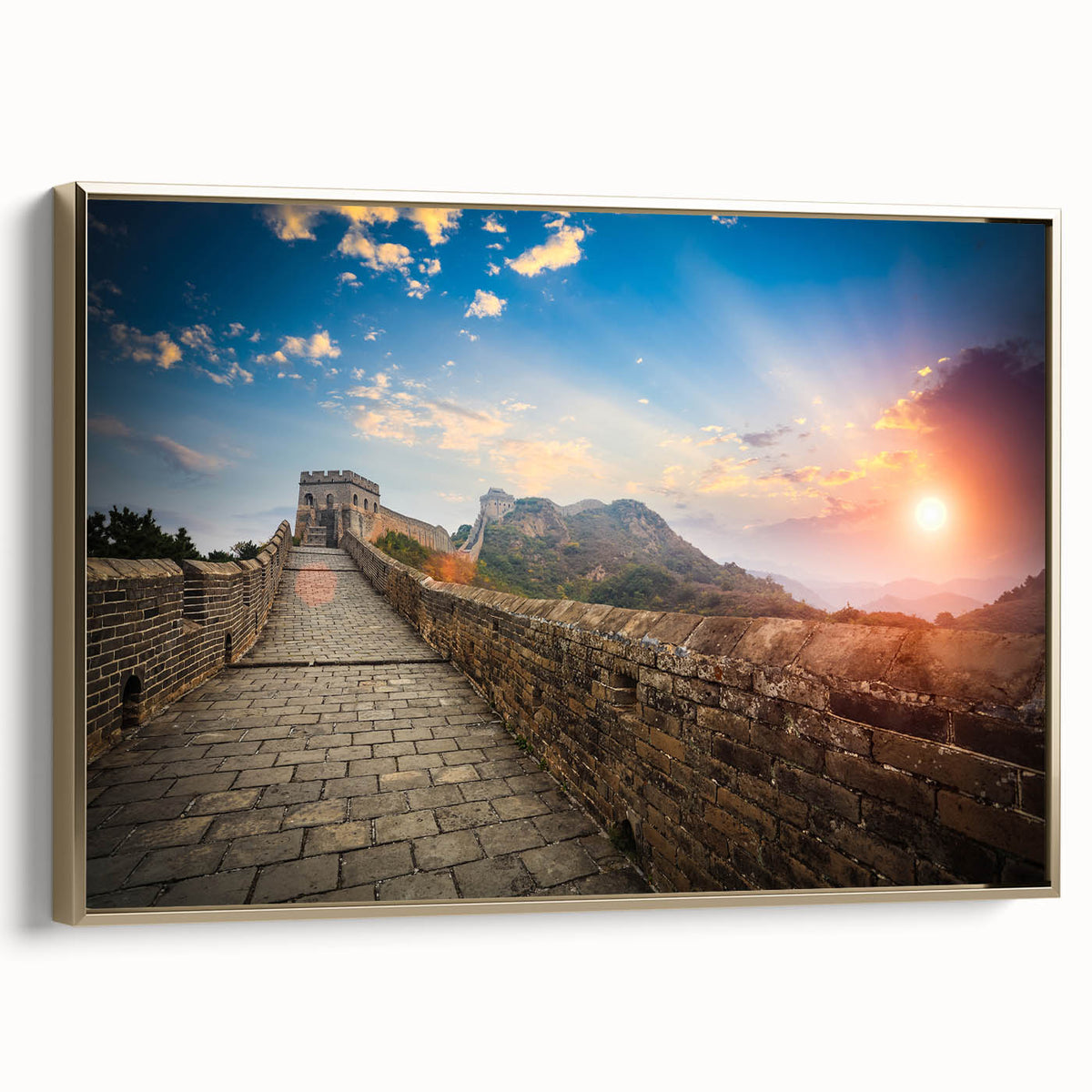 Framed canvas featuring a vintage-style landscape painting of the Great Wall of China in black and gold tones.