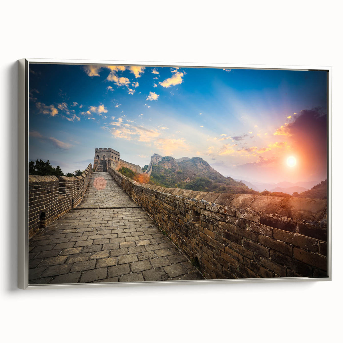 Landscape art painting of the Great Wall of China in muted earth tones on a framed canvas.