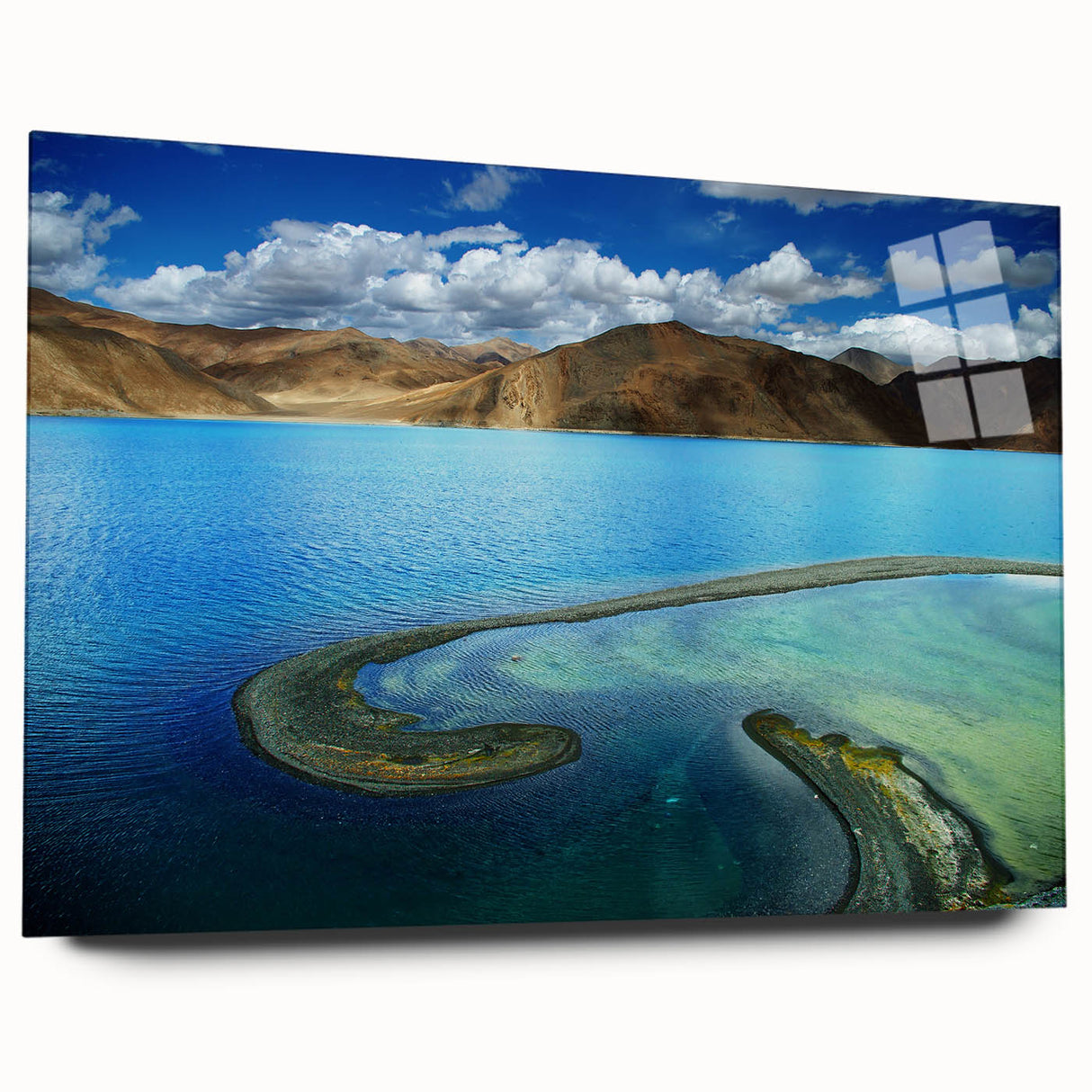 Large abstract wall art depicting a Tibetan landscape in muted earth tones on acrylic glass.
