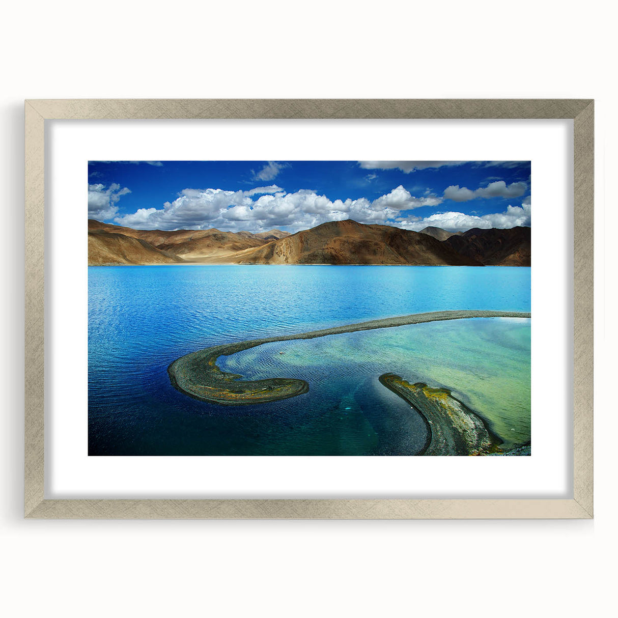 Textured abstract art print depicting a serene Tibetan landscape in muted earth tones, framed in silver.