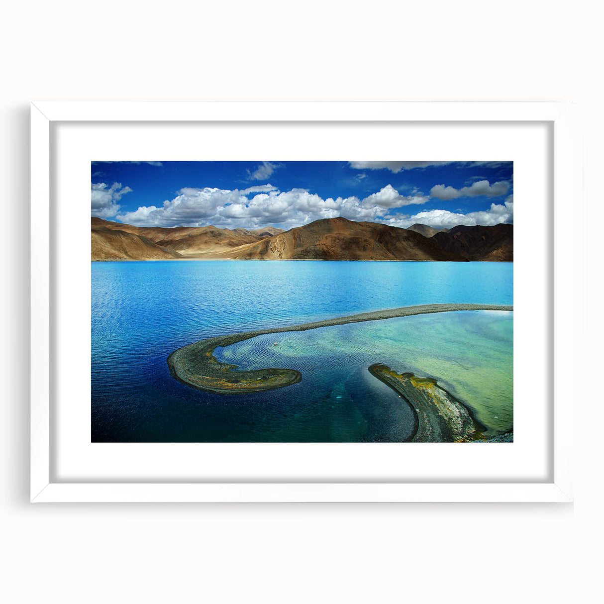 Abstract art print depicting a serene Tibetan landscape in muted earth tones on a framed canvas.