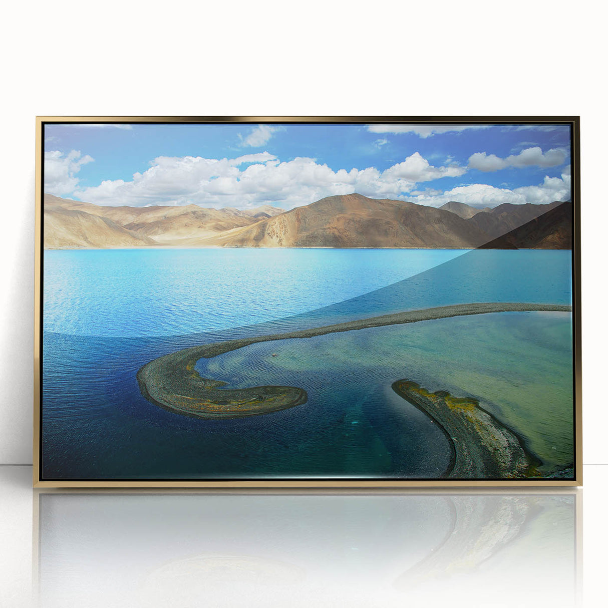Framed acrylic print of a Tibetan landscape in muted gold and blue tones, ideal for modern art wall decor.