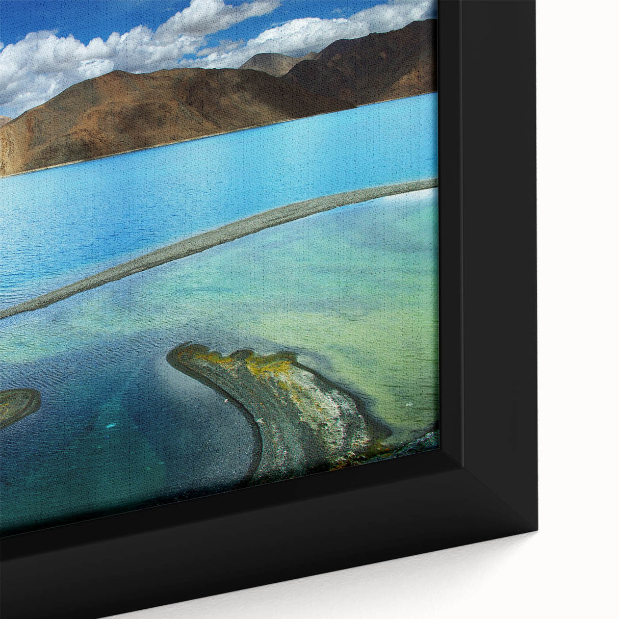 Extra large framed canvas featuring a textured depiction of a Tibetan landscape in black with colorful accents.