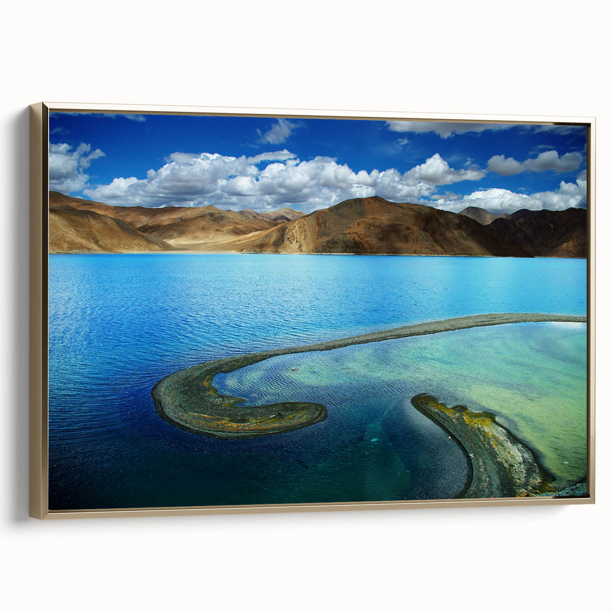 Framed canvas of a vintage-style Tibetan landscape in muted gold and black tones, ideal for bedroom wall art.