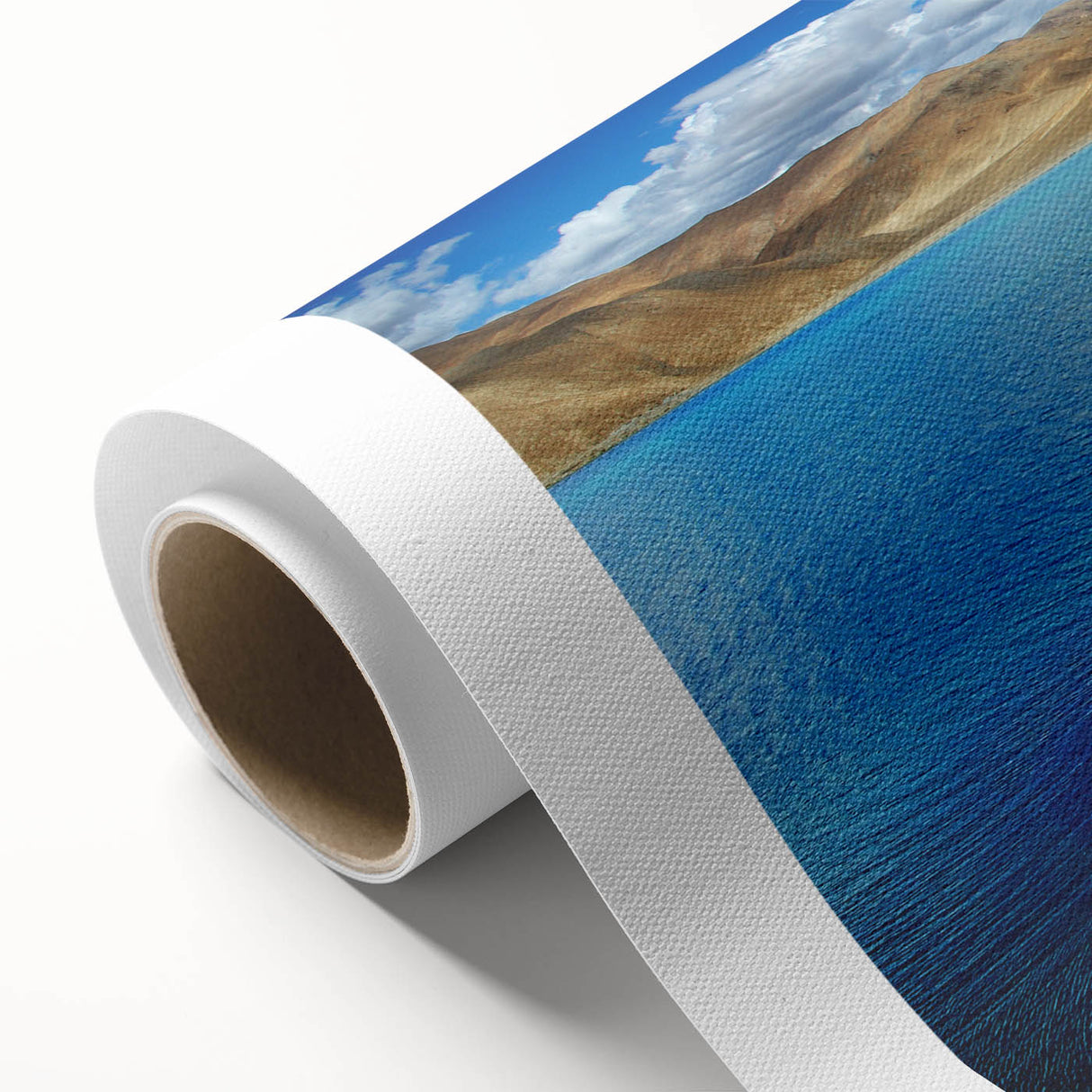 Art Deco poster of a Tibetan landscape on rolled canvas, featuring muted earth tones, ideal for nursery wall art.