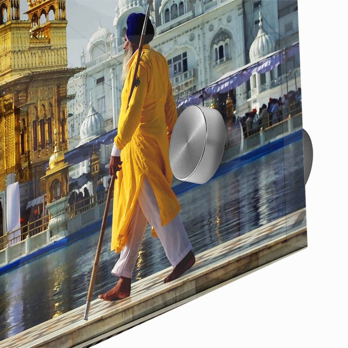 Large abstract wall art depicting a mid-century modernist Indian scenery in vibrant colors on acrylic glass.