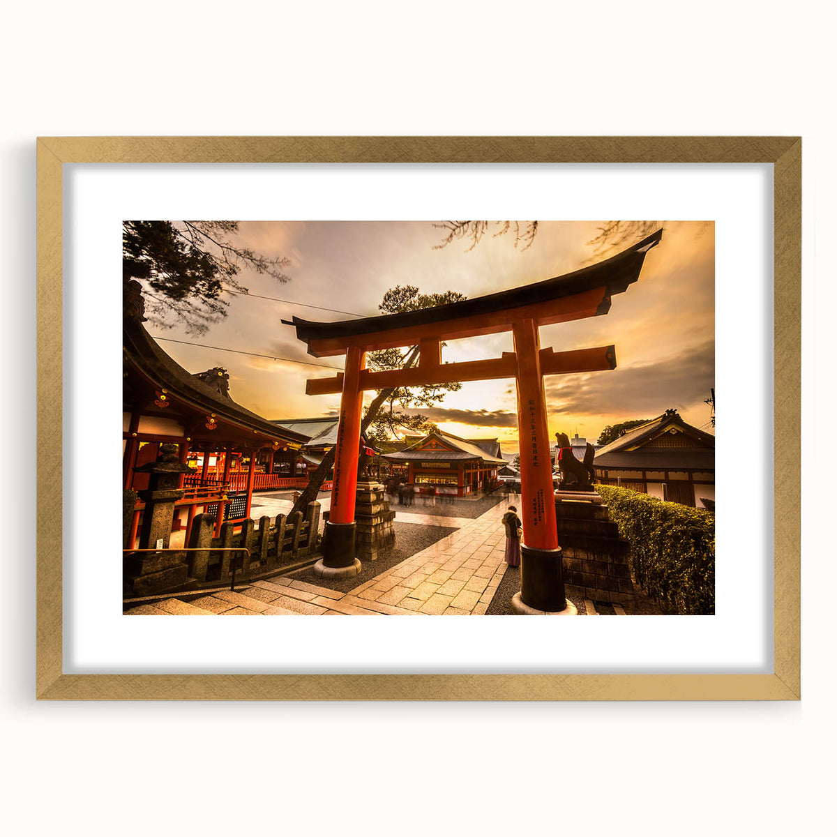 Extra large abstract art print of a Kyoto scenery in textured gold frame, ideal for living room decor.
