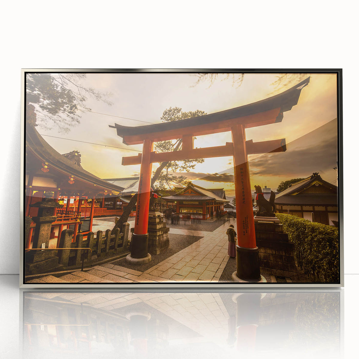 Mid-century modernist art depicting a serene Kyoto landscape in muted colors on a silver-framed acrylic print.