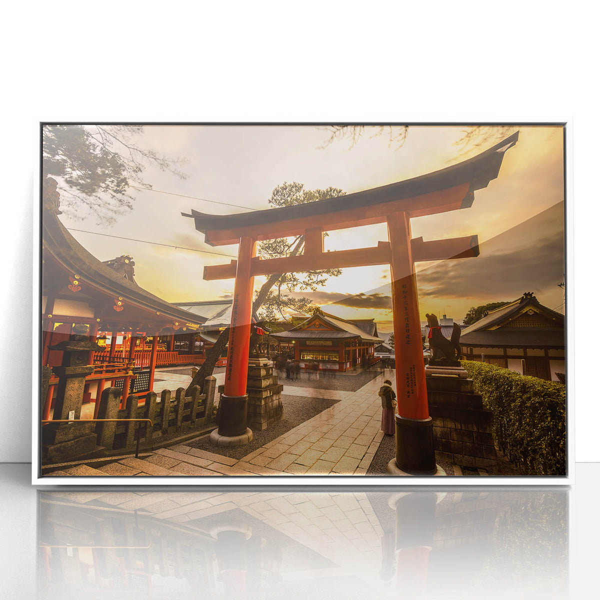 Art deco poster of Kyoto scenery in muted green and white tones on framed acrylic, ideal for nursery wall art.