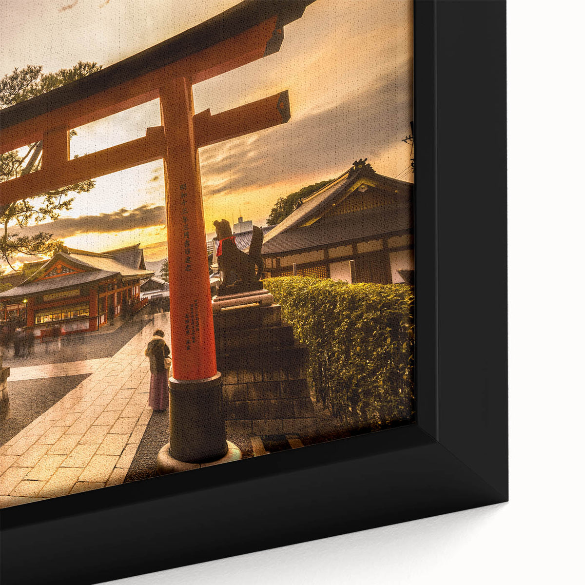 Extra large framed canvas featuring a textured depiction of a Kyoto landscape in black with vibrant, colorful accents.
