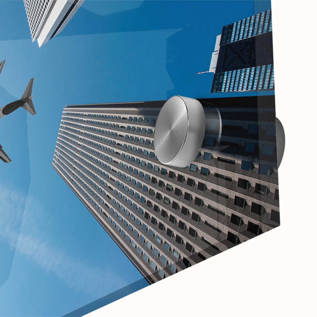 Large abstract depiction of Tokyo's skyline in muted gray and blue tones on acrylic glass, suitable for dining room art.