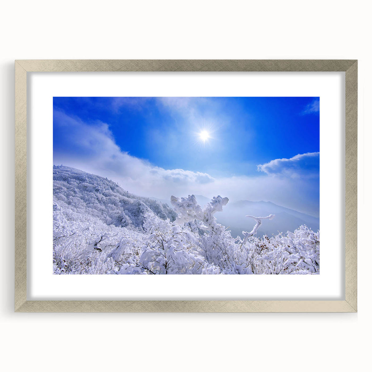 Textured abstract art print depicting a serene Korean landscape in muted earth tones, framed in silver.