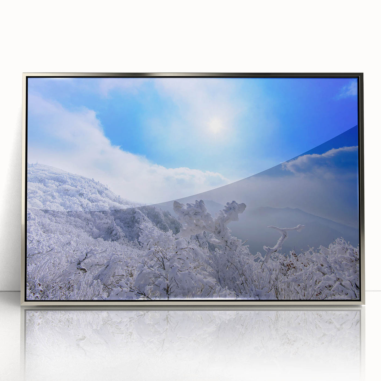 Framed acrylic print of a mid-century modernist Korean landscape in muted earth tones, ideal for nursery wall art.