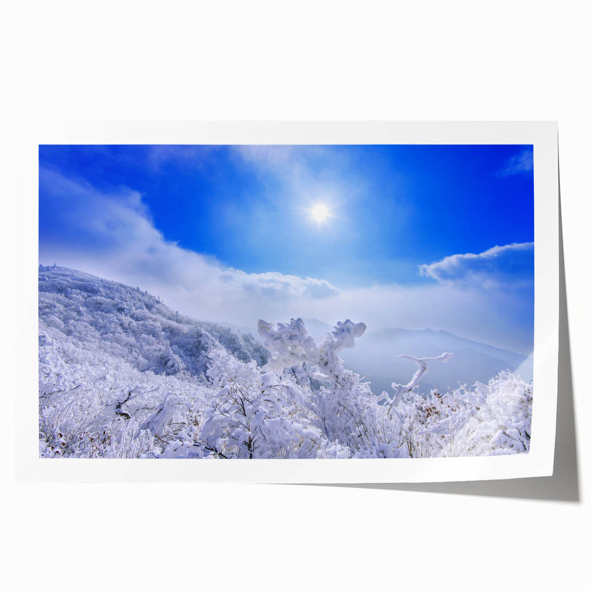 Rolled print of a Korean landscape with vibrant green hues and floral elements.