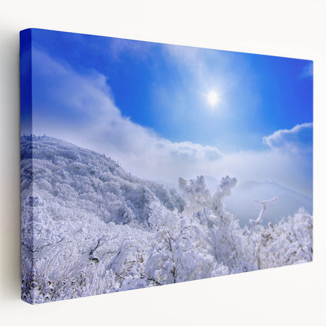 Side view of a stretched canvas depicting a serene Korean landscape in soft green and blue tones.