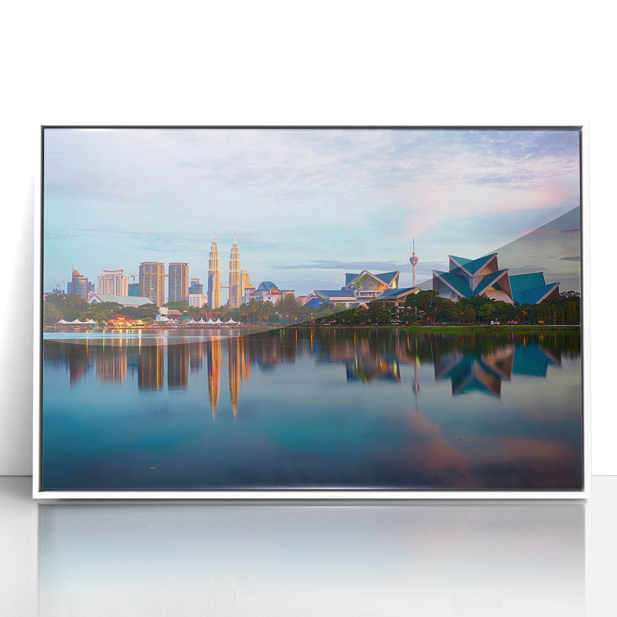 Art deco style poster featuring a serene Malaysian landscape in pastel colors, framed in white acrylic.