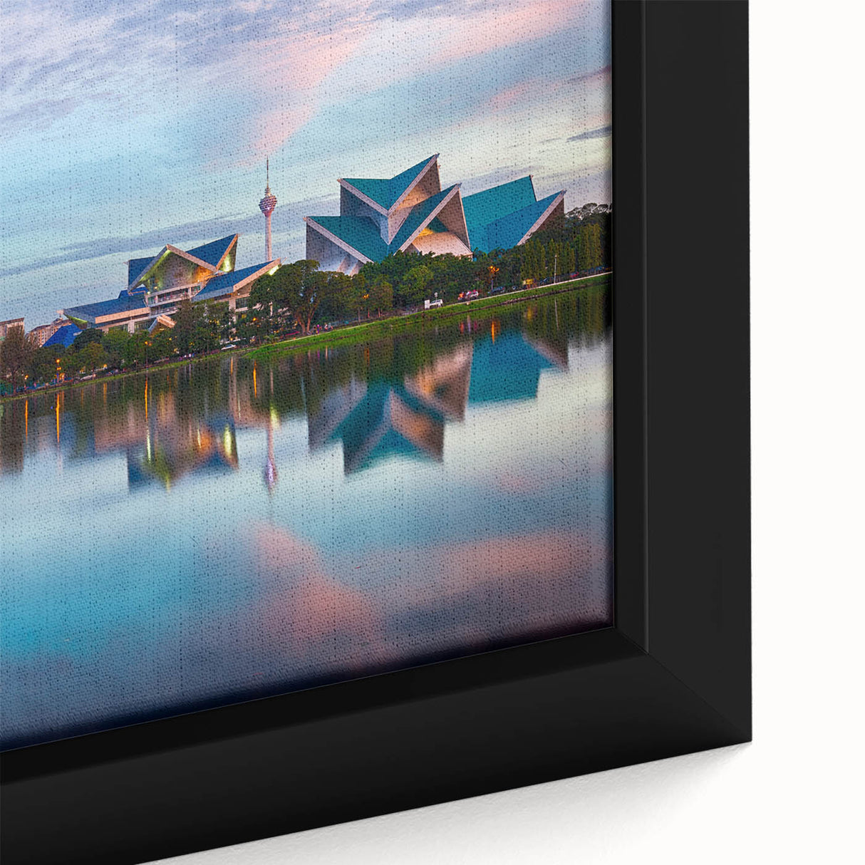 Extra large framed canvas featuring a textured depiction of a Malaysian landscape in vibrant colors on a black background.