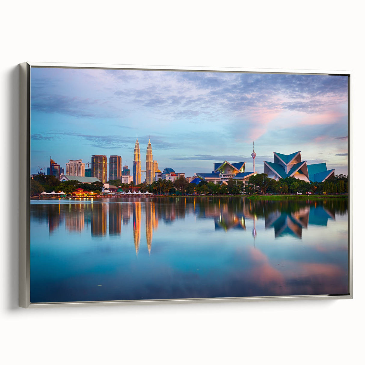 Framed canvas landscape art painting featuring a colorful Malaysian village scene, ideal for living room decor.