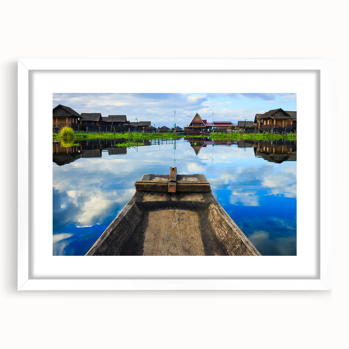 Abstract art print featuring a serene Myanmar landscape in muted earth tones, framed with a white mat.