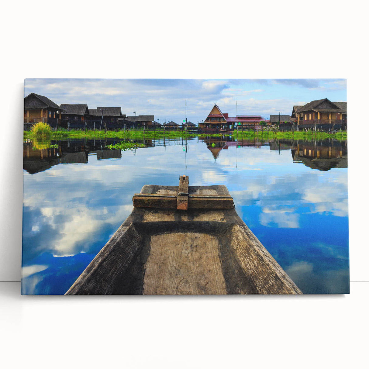 Black and white photograph of a serene Myanmar landscape on a large stretched canvas.