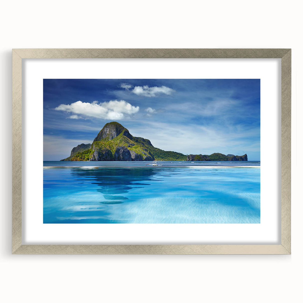 Textured art depicting abstract Philippine scenery in silver frame with mat, using muted earth tones, ideal for bedroom art.