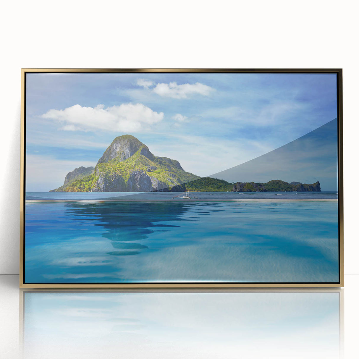 Framed acrylic print of a serene Philippine landscape in muted green and blue tones, ideal for modern art wall decor.