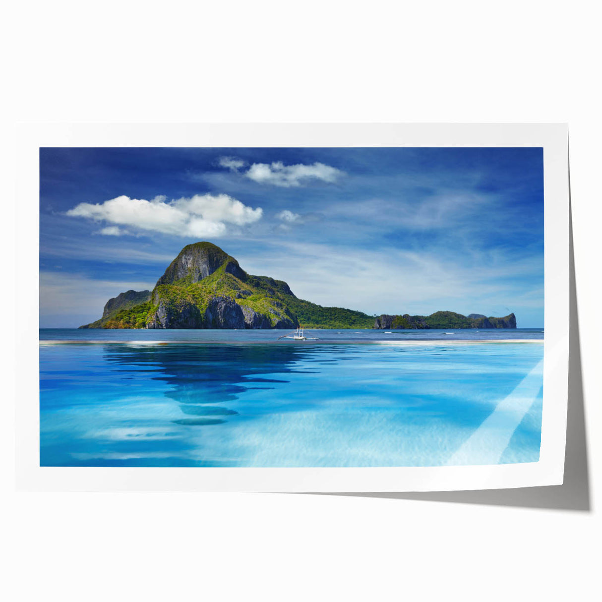 Rolled canvas print of a serene Philippine landscape with lush greenery and soft pastel sky, ideal for dining room wall art.
