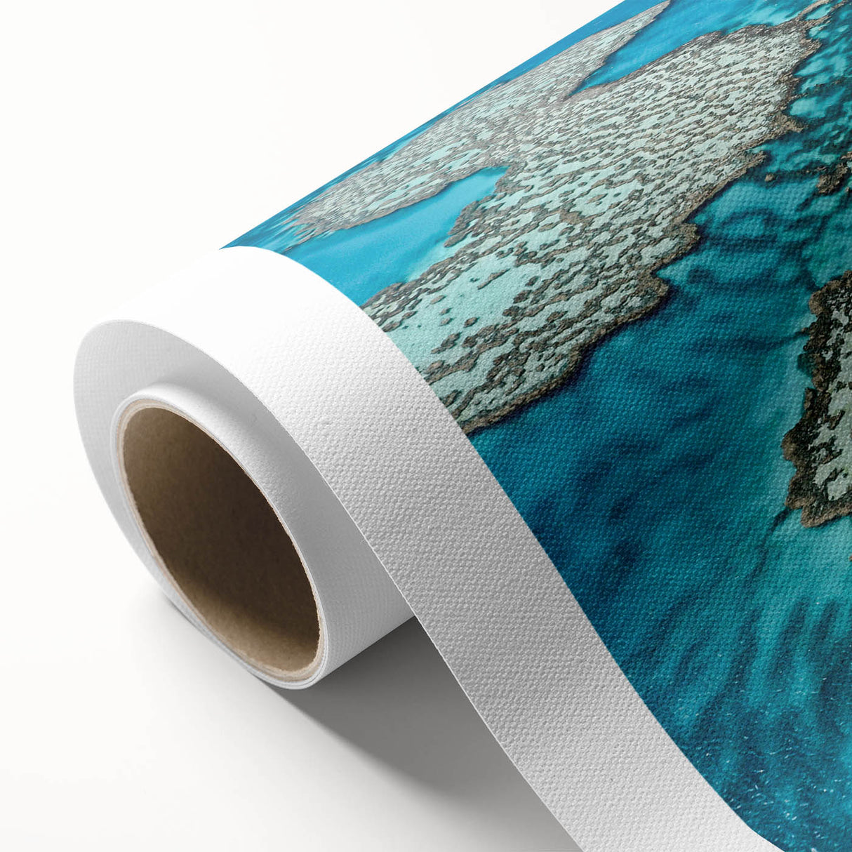 Art deco poster of the Great Barrier Reef in vibrant blue tones on rolled canvas, ideal for nursery wall art.