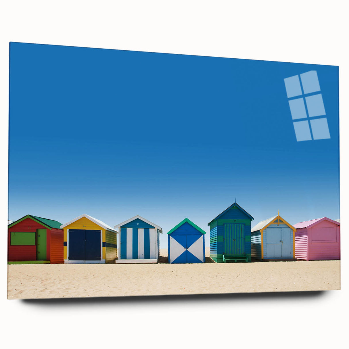 Large abstract wall art of Melbourne skyline in muted blue and gray tones on acrylic glass.