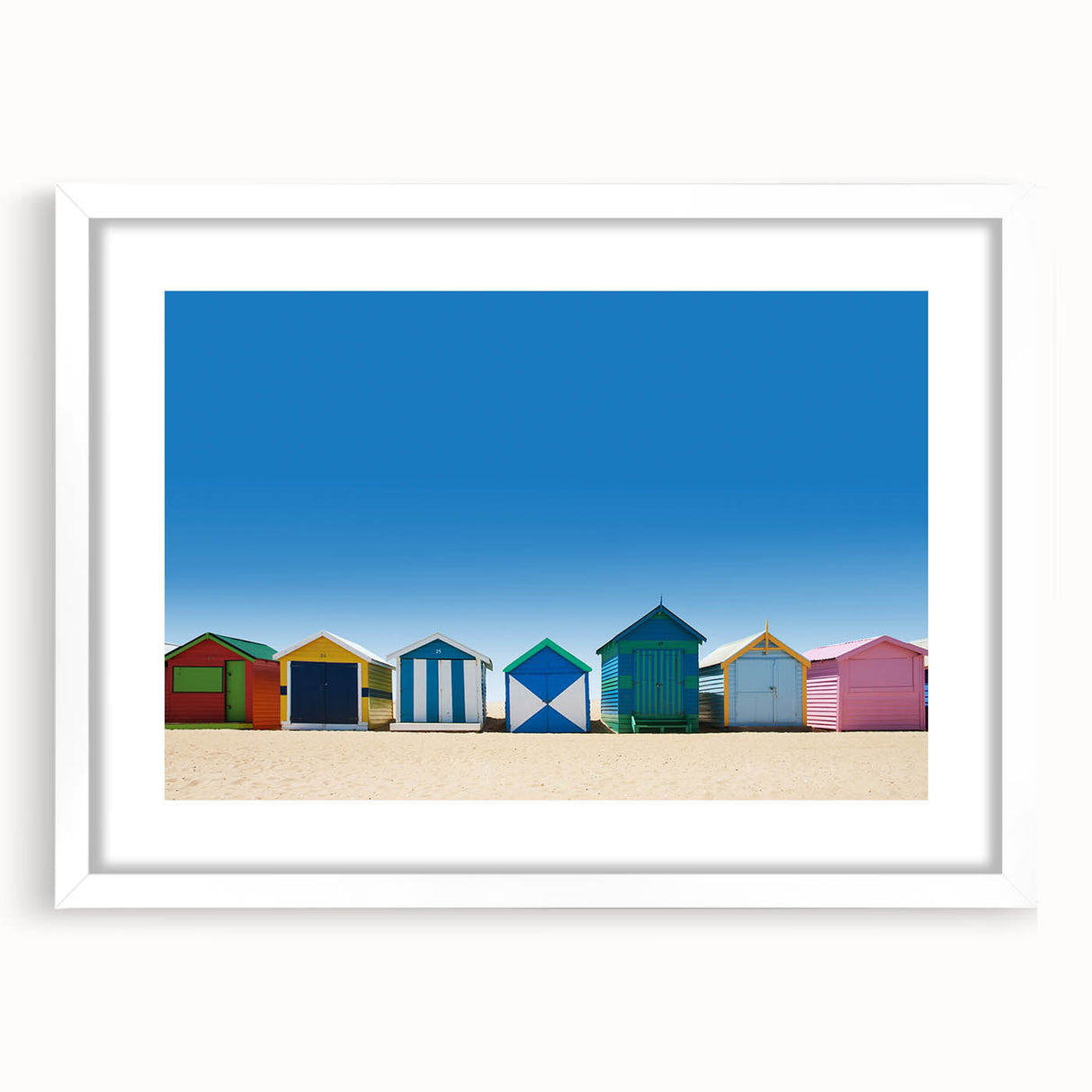 Extra large abstract art print of Melbourne scenery in muted blue and green tones, framed with a white mat.