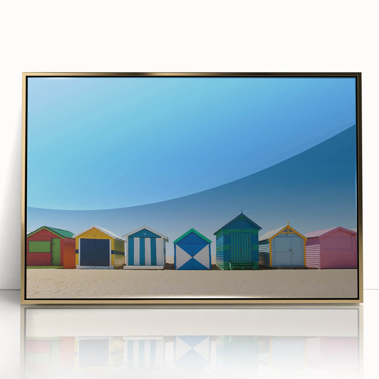 Mid-century modernist Melbourne skyline in gold and blue tones on an acrylic print, suited for modern art wall decor.