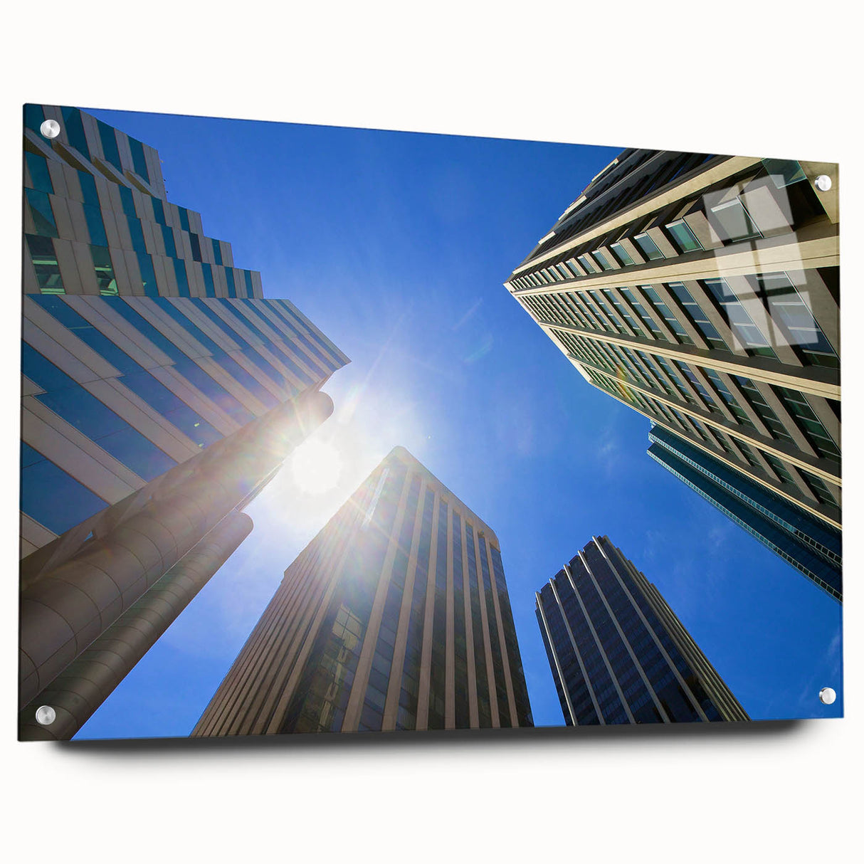 Acrylic print of Perth skyline with vibrant sunset hues, ideal for bedroom or dining room decor.