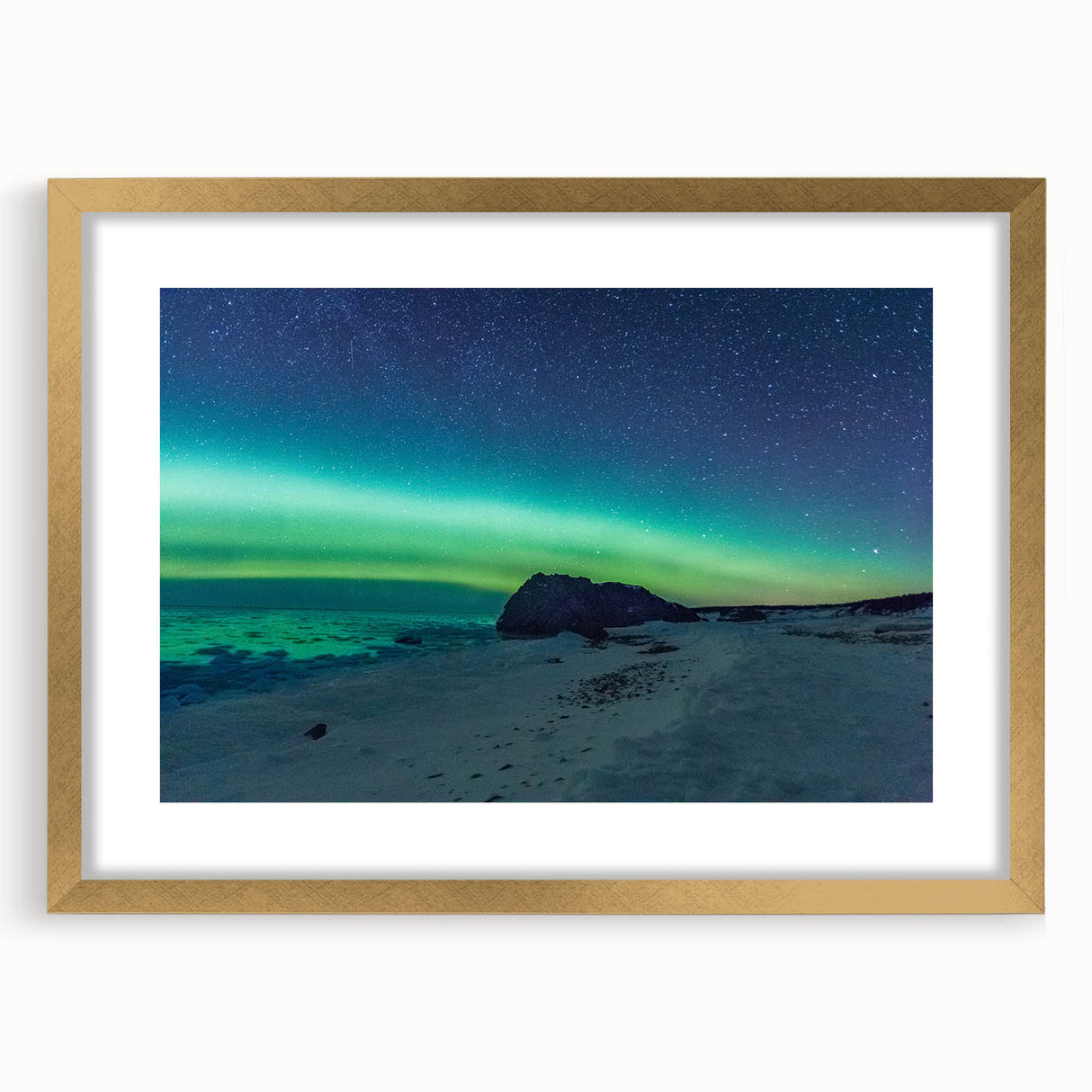 Extra large abstract art print of textured Newfoundland scenery in muted earth tones, framed in gold.