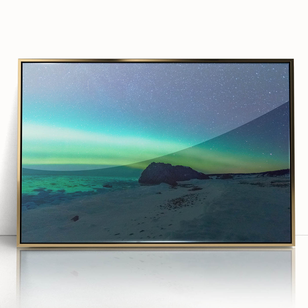 Large art print of a Newfoundland landscape in muted green and blue tones on framed acrylic, ideal for modern art wall decor.