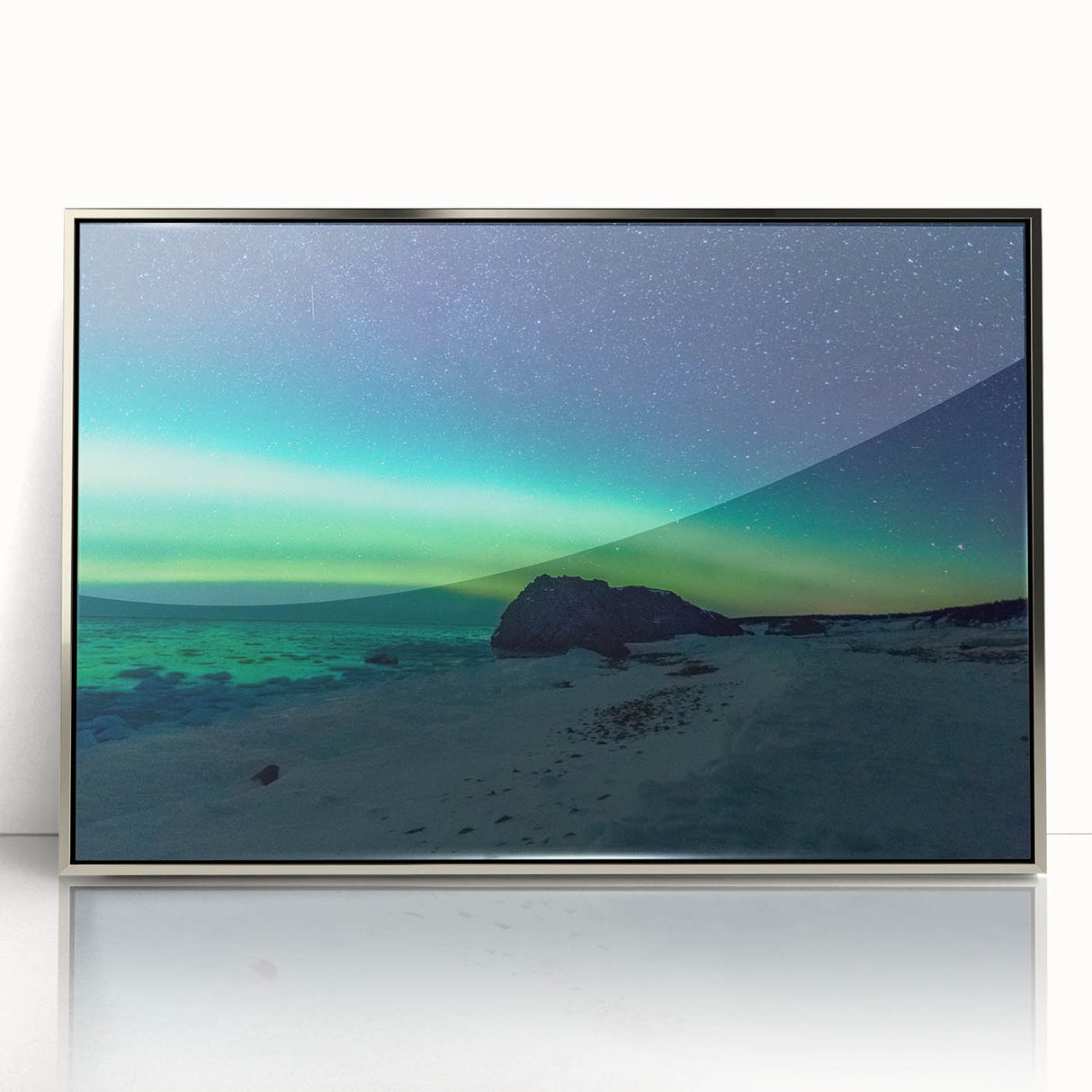 Mid-century modernist art depicting Newfoundland scenery in muted earth tones on a silver-framed acrylic print.