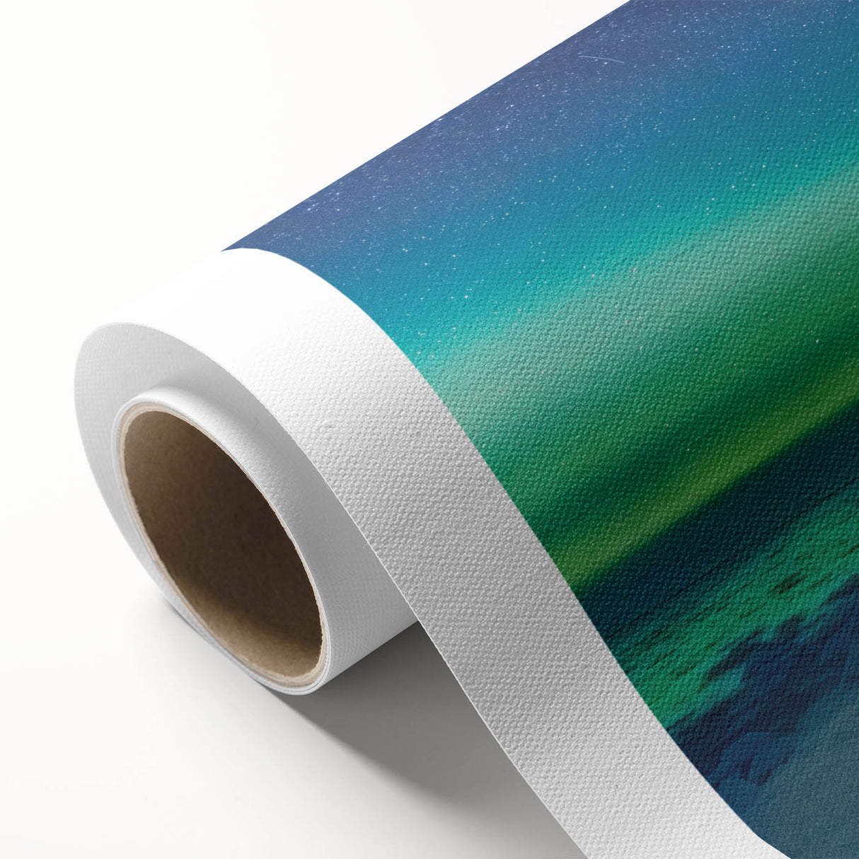 Art Deco style poster of Newfoundland scenery on rolled canvas, featuring muted green and blue tones.