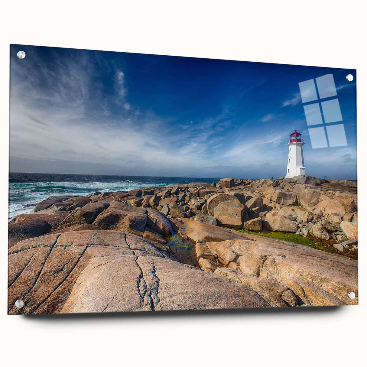 Acrylic print of a Nova Scotia landscape in muted earth tones, ideal for dining room decor.
