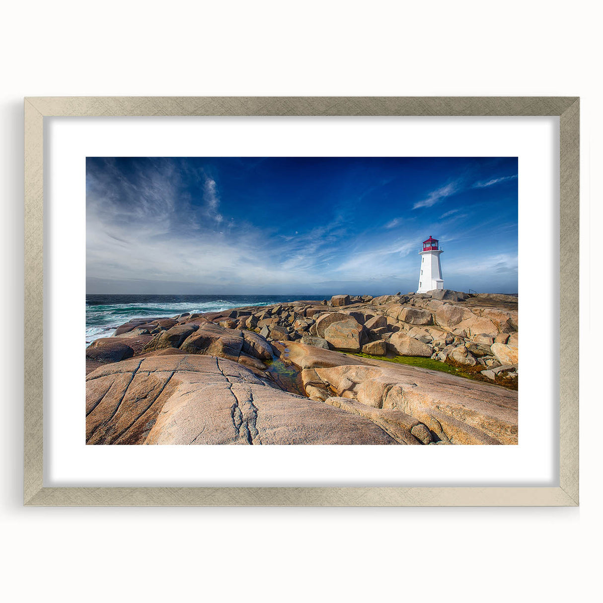 Textured abstract art print of Nova Scotia scenery in muted earth tones, framed in silver, ideal for bedroom art.