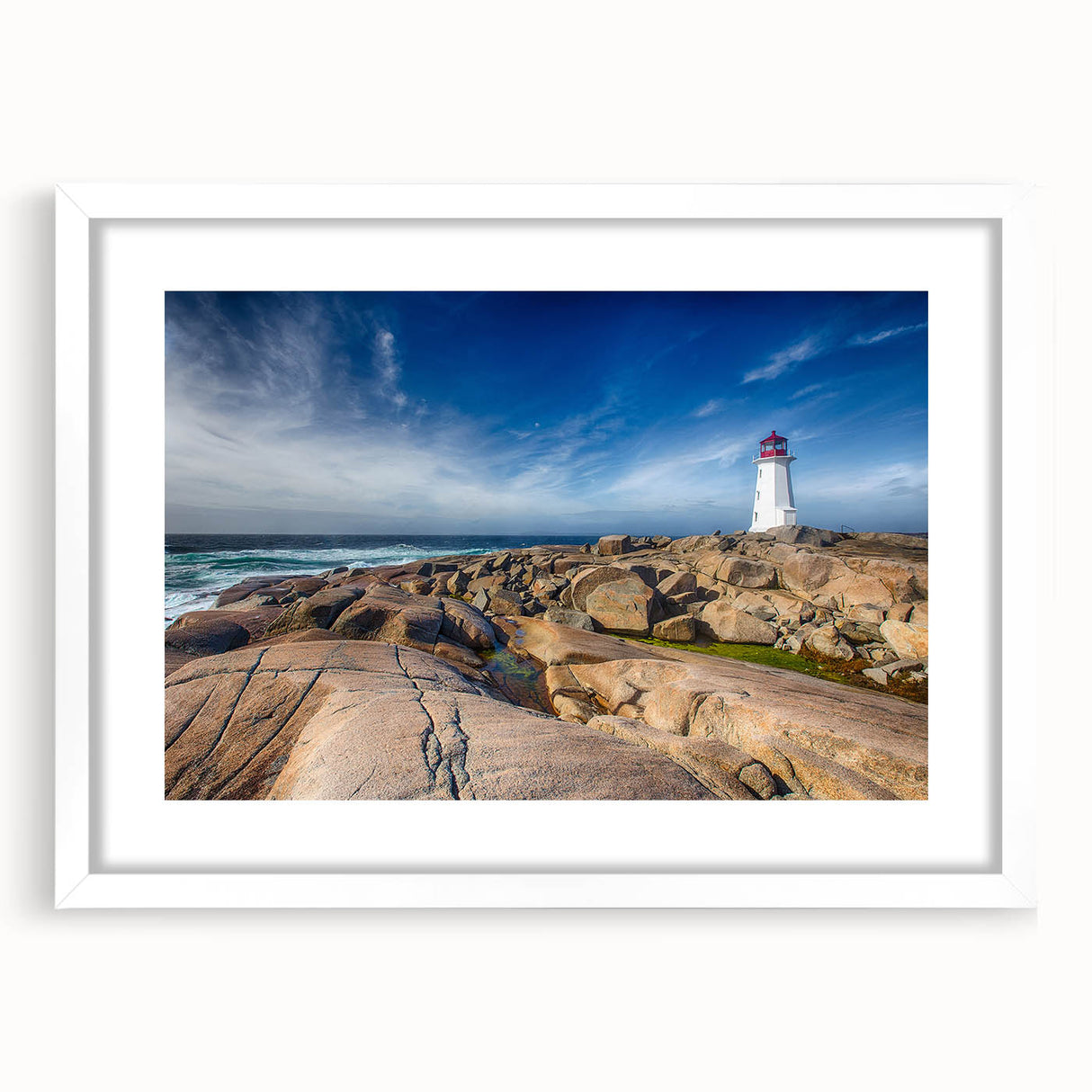 Abstract art print of Nova Scotia scenery in muted blue and green tones on a white framed canvas.